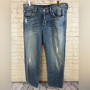 James Jeans Beau Distressed Cropped Boho Button Fly Straight Leg Jeans 28